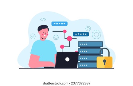 Network engineer concept. Ppecialist setting up, developing illustration