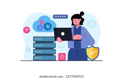 Network engineer concept. Ppecialist setting up, developing illustration