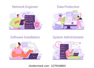 Konzept des Netzwerktechnikers Spezialist für die Einrichtung, Entwicklung und Wartung von Computernetzwerken. Administrator arbeitet im Rechenzentrum. Flache Vektorgrafik