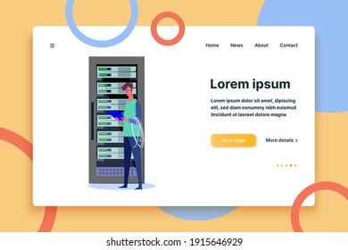 Network engineer in hardware data center. Technician building server database flat vector illustration. Technology concept for banner, website design or landing web page