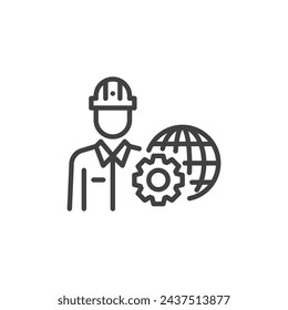 Network Engineer line icon. linear style sign for mobile concept and web design. Person with a globe and gear outline vector icon. Symbol, logo illustration. Vector graphics