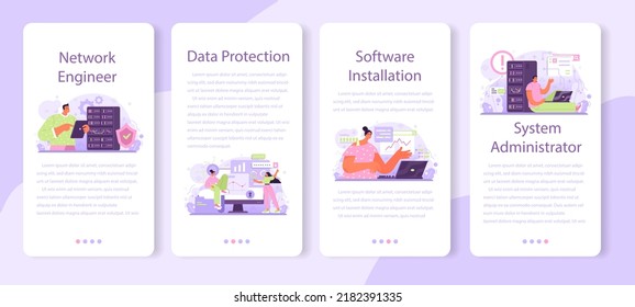 Network engineer mobile application banner set. Specialist setting up, developing and maintaining computer networks. Administrator working in data center. Flat vector illustration