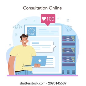 Network engineer online service or platform. Specialist setting up, developing and maintaining computer networks. Online consultation. Flat vector illustration