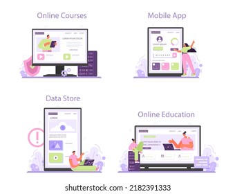 Network engineer online service or platform set. Specialist setting up, developing and maintaining computer networks. Online course, education, data store, mobile app. Flat vector illustration