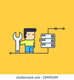 Network Engineer Repair Server. Conceptual Illustration. Line Art Style