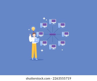 Network Engineer. an IT staff creates network design, Performs installation and configuration, and Network monitoring. star topology. jobs and professions. illustration concept design. vector elements