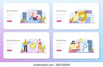 Banner web de ingeniería de red o conjunto de páginas de inicio. Configuración, desarrollo y mantenimiento de redes informáticas especializadas. Administrador que trabaja en el centro de datos. Ilustración vectorial plana