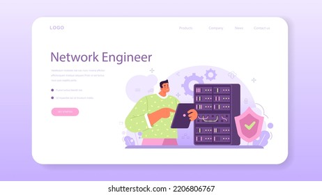 Banner web de ingeniería de red o página de inicio. Configuración, desarrollo y mantenimiento de redes informáticas especializadas. Administrador que trabaja en el centro de datos. Ilustración vectorial plana