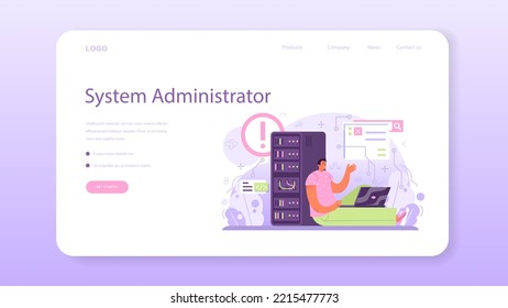 Network Engineer Web Banner Or Landing Page. Specialist Setting Up, Developing And Maintaining Computer Networks. Administrator Working In Data Center. Flat Vector Illustration