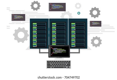 Network engineers working in server room for hardware diagnostic. Server maintenance. System administrator. Network engineer. Network programming,
