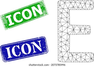 Network Epsilon Greek symbol model, and Icon blue and green rectangular dirty seals. Polygonal wireframe illustration based on Epsilon Greek symbol pictogram.