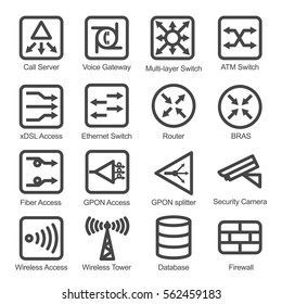 Network Equipment Icon Set - Isolated Vector Illustration. Simplified line design. Black icons collection on white background.