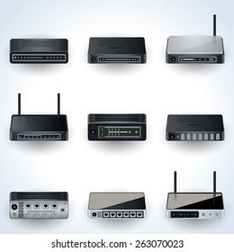 Network equipment icons. Modems, routers, hubs realistic vector illustration.