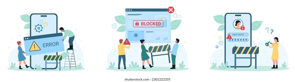 Error de red, ilustración vectorial de conjunto de bloques de cuenta. Pequeñas personas caricaturistas con mensaje de advertencia y barrera vial cerca del sitio web bloqueado, sin llave para acceder a la aplicación móvil en la pantalla del teléfono