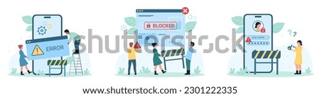 Network error, account block set vector illustration. Cartoon tiny people holding warning message and road barrier near blocked website, broken denied key to access mobile app on phone screen