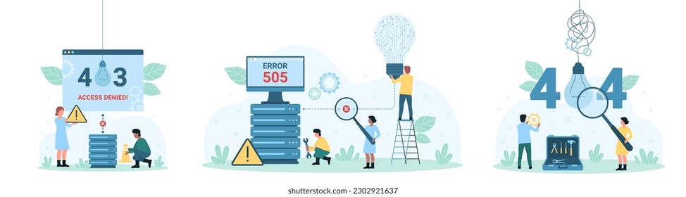 Network error set vector illustration. Cartoon tiny people from tech support service holding light bulb, magnifying glass and warning message about 403 access denied, server error 505 and 404 svg