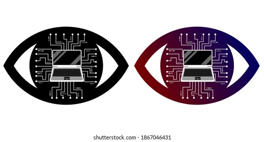 Espionaje de red. Portátil con fondo digital. Seguimiento de ojos, robo de identidad. Ojo estilizado negro sobre un fondo blanco aislado. Atacantes, programas, software, virus que roban información personal
