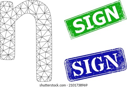 Network Eta Greek lowercase symbol model, and Sign blue and green rectangular scratched stamps. Polygonal wireframe illustration is designed with Eta Greek lowercase symbol pictogram.