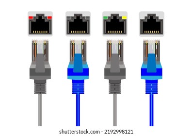 Network and ethernet cable. RJ45 Modular plugs for solid Cat5, Cat5e Ethernet Cable connecter. RJ45 UTP Patch cable. CAT6 Cable. 
RJ45 Female. Vector.