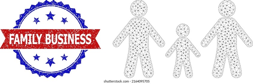 Network family carcass illustration, and bicolor textured Family Business watermark. Mesh wireframe illustration is designed with family icon.