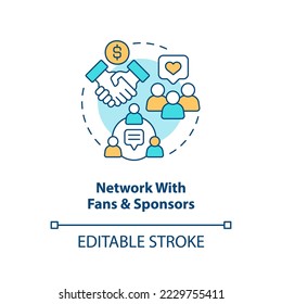 Network with fans and sponsors concept icon. Professional online streamer activity abstract idea thin line illustration. Isolated outline drawing. Editable stroke. Arial, Myriad Pro-Bold fonts used