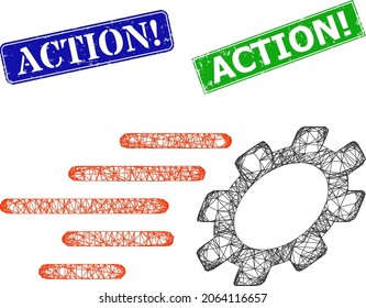 Network fast gear image, and Action warn blue and green rectangular scratched stamp seals. Polygonal wireframe image is based on fast gear pictogram.