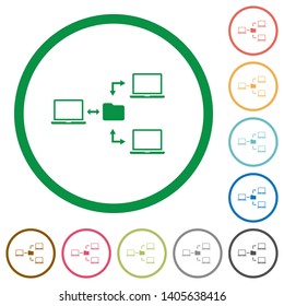 Network file system flat color icons in round outlines on white background