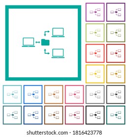 Network file system flat color icons with quadrant frames on white background