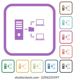 Network file system with server simple icons in color rounded square frames on white background