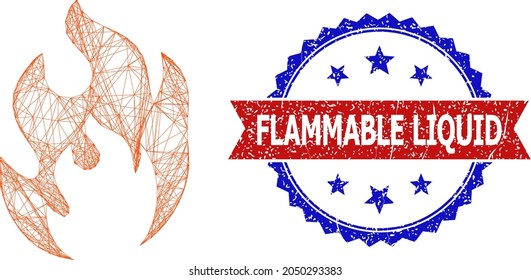 Network fire flame model illustration, and bicolor dirty Flammable Liquid seal. Flat model created from fire flame pictogram and crossed lines. Vector seal with retro bicolored style,