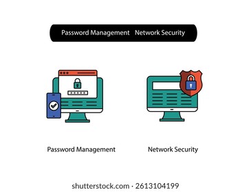 Network Firewall and Password Security Icons for Data Access Control