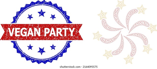 Network fireworks framework illustration, and bicolor unclean Vegan Party seal. Polygonal carcass illustration designed with fireworks pictogram.