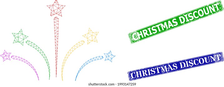 Network fireworks image, and Christmas Discount blue and green rectangle grunge seals. Polygonal carcass image based on fireworks pictogram. Seals have Christmas Discount title inside rectangle shape.