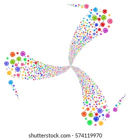 Network fireworks swirl rotation. Vector illustration style is flat bright multicolored iconic symbols on a white background. Object whirlpool created from random pictograms.