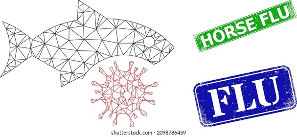 Network fish flu virus model, and Horse Flu blue and green rectangle rubber stamp seals. Mesh carcass symbol designed with fish flu virus icon.