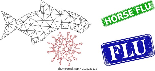 Network fish flu virus model, and Horse Flu blue and green rectangle rubber stamp seals. Mesh carcass symbol designed with fish flu virus icon.