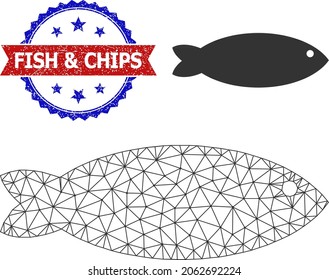 Network fish framework icon, and bicolor scratched Fish and Chips stamp. Polygonal wireframe image designed with fish icon.