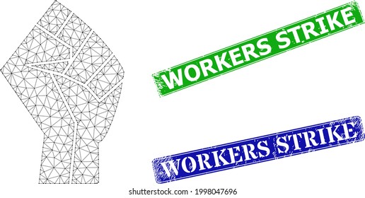 Network fist model, and Workers Strike blue and green rectangle rubber stamp seals. Polygonal carcass illustration is created from fist icon.
