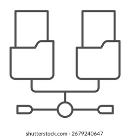 Network folders with documents isometric icon, info tech concept. Vector graphics. Two folders and wired network, connection sign on white background, outline style icon for mobile or web design