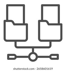 Netzwerkordner mit Dokumentenzeilensymbol, info tech concept. Vektorgrafiken. Zwei Ordner und verkabeltes Netzwerk, Verbindungszeichen auf weißem Hintergrund, Umrissstilsymbol für mobiles oder Webdesign