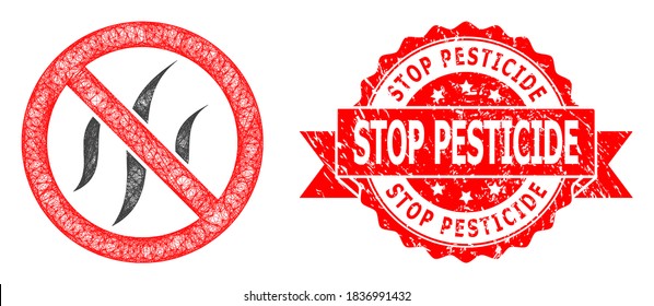 Network forbidden flavors icon, and Stop Pesticide corroded ribbon stamp seal. Red stamp seal includes Stop Pesticide tag inside ribbon.
