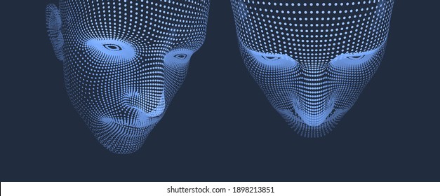 Network forming AI human face. Technology and robotics concept. Anonymous social masking. Cyber crime and cyber security vector illustration. 