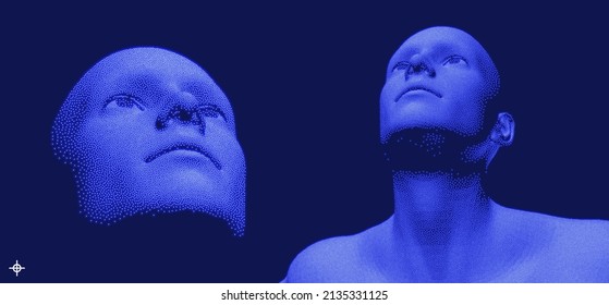Network forming AI human face. Technology and robotics concept. Anonymous social masking. Cyber crime and cyber security vector illustration. 
