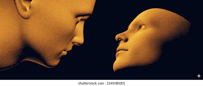Network forming AI human face. Technology and robotics concept. Anonymous social masking. Cyber crime and cyber security vector illustration. 