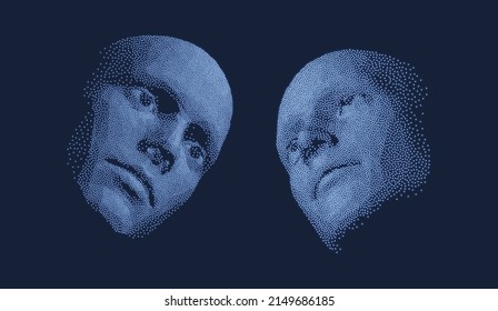 Network forming AI human face. Technology and robotics concept. Anonymous social masking. Dialogue, contact, conversational exchange between two individuals. Cyber security vector illustration. 