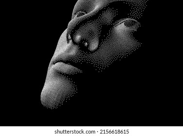 Network forming AI human face. Technology and robotics concept. Anonymous social masking. Cyber crime and cyber security vector illustration. 
