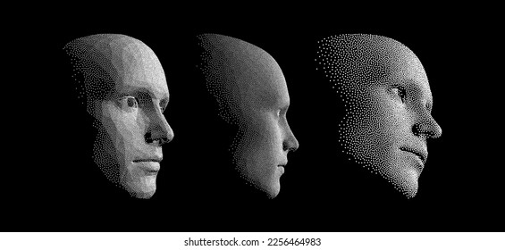 Network forming AI human face. Technology and robotics concept. Anonymous social masking. Cyber crime and cyber security vector illustration. 