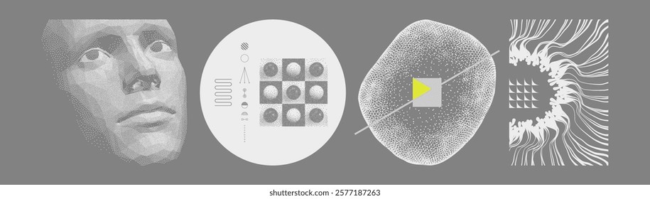 Network forming AI human face. Technology and robotics concept. Anonymous social masking. Spheres on a chess plate. An abstract cell represented as an object of dots. Molecular grid. 3d vector.