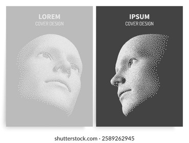 Network forming AI human face. Technology and robotics concept. Cyber security. Cover design templae. Vector illustration for banner, flyer, brochure, booklet, presentation or website design.