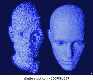 Network forming AI human face. Technology and robotics concept. Anonymous social masking. Dialogue, contact, conversational exchange between two individuals. Cyber security vector illustration. 